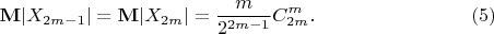 $$\mathbf{M}\lvert X_{2m-1}\rvert=\mathbf{M}\lvert X_{2m}\rvert=\frac m{2^{2m-1}}C_{2m}^m.\eqno(5)$$ $$\mathbf{M}\lvert X_{2m-1}\rvert=\mathbf{M}\lvert X_{2m}\rvert=\frac m{2^{2m-1}}C_{2m}^m.\eqno(5)$$