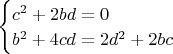 $\begin{cases}c^2+2bd=0 \\ b^2+4cd=2 d^2+2bc\end{cases}$