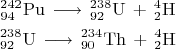 $$$\begin{gather*}
\mathrm{{}^{242}_{94}Pu \,\longrightarrow\, {}^{238}_{92}U\,+\, {}^4_2H} \\
\mathrm{{}^{238}_{92}U \,\longrightarrow\, {}^{234}_{90}Th\,+\, {}^4_2H} \\
\end{gather*}$$$