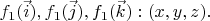 $f_1(\vec i), f_1(\vec j), f_1(\vec k): (x, y, z).$