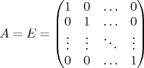 $A=E=\begin{pmatrix}1&0&\hdots&0\\ 0&1&\hdots&0\\ \vdots&\vdots&\ddots&\vdots\\ 0&0&\hdots&1\end{pmatrix}$