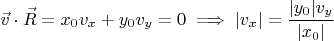 $$\vec{v} \cdot \vec{R} = x_0 v_x + y_0 v_y = 0 \implies \vert{}v_x\vert{} = \dfrac{\vert{}y_0\vert{} v_y}{\vert{}x_0\vert{}}$$