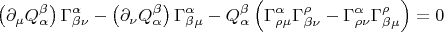 $$
\left( \partial_{\mu} {Q}^{\beta}_{\alpha} \right) {\Gamma}^{\alpha}_{\beta \nu}
- \left( \partial_{\nu} {Q}^{\beta}_{\alpha} \right) {\Gamma}^{\alpha}_{\beta \mu}
- {Q}^{\beta}_{\alpha} \left( \Gamma^{\alpha}_{\rho \mu} \Gamma^{\rho}_{\beta \nu}
-\Gamma^{\alpha}_{\rho \nu} \Gamma^{\rho}_{\beta \mu} \right) = 0
$$