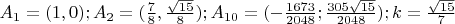 $A_1=(1,0); A_2=(\frac 7 8, \frac{\sqrt{15}}8); A_{10}=(-\frac{1673}{2048};\frac{305\sqrt{15}}{2048}); k=\frac{\sqrt{15}}7$
