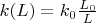 $k(L) = k_0 \frac{L_0}{L}$