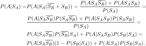 $$\begin{align}P(A | S_A)=&P(A | S_A(\overline{S_B}+S_B))=\frac{P(A S_A\overline{S_B})+P(A S_AS_B)}{P(S_A)}=\\&
\frac{P(A |S_A\overline{S_B})P(S_A\overline{S_B})+P(A| S_AS_B)P(S_AS_B)}{P(S_A)}=\\&P(A |S_A\overline{S_B})P(\overline{S_B}|S_A)+P(A| S_AS_B)P(S_B|S_A)=\\&
P(A|S_A\overline{S_B})(1-P(S_B|S_A))+P(A|S_A)P(S_B|S_A).
\end{align}$$