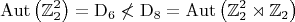 $$\mathrm{Aut}\left(\mathbb{Z}_2^2\right)=\mathrm{D}_6\not<\mathrm{D}_8=\mathrm{Aut}\left(\mathbb{Z}_2^2\rtimes\mathbb{Z}_2\right)$$