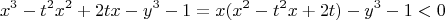 $$x^3-t^2x^2+2tx-y^3-1=x(x^2-t^2x+2t)-y^3-1<0$$