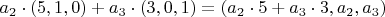 $a_2 \cdot (5, 1, 0) + a_3 \cdot (3, 0, 1) = (a_2 \cdot 5 + a_3 \cdot 3, a_2, a_3)$