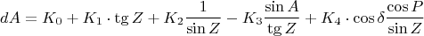$$dA = K_0 + K_1\cdot\tg Z + K_2\frac{1}{\sin Z} - K_3\frac{\sin A}{\tg Z} + K_4\cdot\cos\delta\frac{\cos P}{\sin Z}$$ $$dA = K_0 + K_1\cdot\tg Z + K_2\frac{1}{\sin Z} - K_3\frac{\sin A}{\tg Z} + K_4\cdot\cos\delta\frac{\cos P}{\sin Z}$$