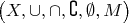 $\left( X,\cup,\cap,\complement,\emptyset,M \right)$