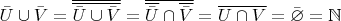 $\bar U \cup \bar V = \overline{\overline {\bar U \cup \bar V}} = \overline{\overline{\bar U} \cap \overline{\bar V}} = \overline{U \cap V} = \bar \varnothing = \mathbb N$