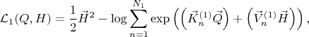 $$
\mathcal{L}_{1}(Q, H) = \frac{1}{2} \vec{H}^2 - \log \sum_{n = 1}^{N_{1}}
\exp \left( \left(\vec{K}^{(1)}_{n} \vec{Q}\right) + \left(\vec{V}^{(1)}_{n} \vec{H}\right) \right),
$$