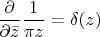 $\dfrac{\partial}{\partial \bar z}\dfrac{1}{\pi z}=\delta(z)$