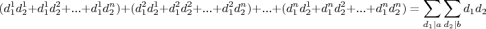 $$(d_{1}^1 d_{2}^1 + d_{1}^1 d_{2}^2 + ... + d_{1}^1 d_{2}^n)+(d_{1}^2 d_{2}^1 + d_{1}^2 d_{2}^2 + ... + d_{1}^2 d_{2}^n)+...+(d_{1}^n d_{2}^1 + d_{1}^n d_{2}^2 + ... + d_{1}^n d_{2}^n)=\sum_{d_1|a}\sum_{d_2|b}d_1 d_2$$