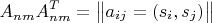$$
A_{nm}A_{nm}^T=\begin{Vmatrix}
a_{ij}=(s_i,s_j)
\end{Vmatrix}
$$ $$
A_{nm}A_{nm}^T=\begin{Vmatrix}
a_{ij}=(s_i,s_j)
\end{Vmatrix}
$$