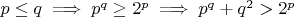 $p \leq q \implies p^q \geq 2^p \implies p^q+q^2>2^p$