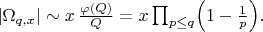 $|\Omega_{q,x}|\sim x\,\frac{\varphi(Q)}{Q}=x\prod_{p\le q}\Bigl(1-\frac1p\Bigr).$