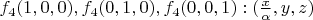 $f_4(1, 0, 0), f_4(0, 1, 0), f_4(0, 0, 1): (\frac{x}{\alpha}, y, z)$