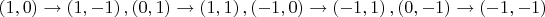 $\left( {1,0} \right) \to \left( {1, - 1} \right),\left( {0,1} \right) \to \left( {1,1} \right),\left( { - 1,0} \right) \to \left( { - 1,1} \right),\left( {0, - 1} \right) \to \left( { - 1, - 1} \right)$