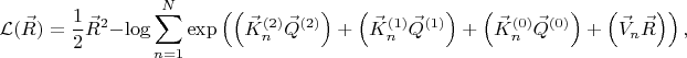 $$
\mathcal{L}(\vec{R}) = \frac{1}{2} \vec{R}^2 - \log \sum_{n = 1}^{N}
\exp \left(
\left( \vec{K}^{(2)}_{n} \vec{Q}^{(2)} \right) + 
\left( \vec{K}^{(1)}_{n} \vec{Q}^{(1)} \right) + 
\left( \vec{K}^{(0)}_{n} \vec{Q}^{(0)} \right) +
\left( \vec{V}_{n} \vec{R} \right) \right),
$$