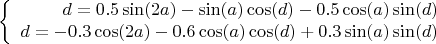 $$\left\{
\begin{array}{rcl}
 d= 0.5\sin(2a)-\sin(a)\cos(d)-0.5\cos(a)\sin(d)\\
 d= -0.3\cos(2a)-0.6\cos(a)\cos(d)+0.3\sin(a)\sin(d)\\
\end{array}
\right.$$
