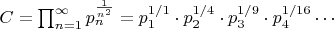 $
C = \prod_{n=1}^\infty p_n^{\frac{1}{n^2}} = p_1^{1/1} \cdot p_2^{1/4} \cdot p_3^{1/9} \cdot p_4^{1/16} \cdots
$