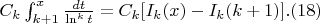 $C_{k}\int_{k+1}^{x}{\frac {dt} { \ln^k t}=C_{k}[I_k (x)-I_k(k+1)].(18)$