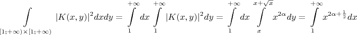 $$\int\limits_{[1;+\infty) \times [1;+\infty)}|K(x,y)|^2 dxdy = \int\limits_{1}^{+\infty}dx\int\limits_{1}^{+\infty}|K(x,y)|^2dy = \int\limits_{1}^{+\infty}dx\int\limits_{x}^{x+\sqrt{x}}x^{2\alpha}dy = \int\limits_{1}^{+\infty}x^{2\alpha+\frac12}dx$$