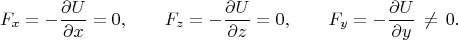 $$F_x=-\frac{\partial U}{\partial x}=0, \qquad F_z=-\frac{\partial U}{\partial z}=0, \qquad F_y=-\frac{\partial U}{\partial y} \,\neq \,0.$$