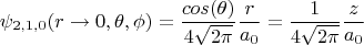 $$\psi_{2,1,0}(r \rightarrow 0,\theta,\phi)=\frac{cos(\theta)}{4\sqrt{2\pi}}\frac{r}{a_0}=\frac{1}{4\sqrt{2\pi}}\frac{z}{a_0}$$