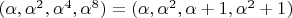 $(\alpha, \alpha^2, \alpha^4, \alpha^8) = (\alpha, \alpha^2, \alpha + 1, \alpha^2 + 1)$