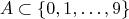 $$
A\subset\{0,1,\ldots,9\}
$$