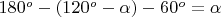 $180^o - (120^o - \alpha) - 60^o = \alpha$