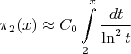 $$\pi_2(x)\approx C_0\int\limits_{2}^{x}\frac{dt}{\ln^2t}$$ $$\pi_2(x)\approx C_0\int\limits_{2}^{x}\frac{dt}{\ln^2t}$$