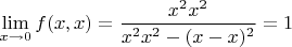 $\lim\limits_{x\to 0}f(x,x)=\dfrac{x^2x^2}{x^2x^2-(x-x)^2}=1$