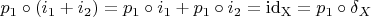 $p_1\circ (i_1+i_2)=p_1\circ i_1+p_1\circ i_2=\mathrm{id_X}=p_1\circ\delta_X$