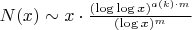 $N(x) \sim x \cdot \frac{(\log\log x)^{a(k) \cdot m}}{(\log x)^m}$ $N(x) \sim x \cdot \frac{(\log\log x)^{a(k) \cdot m}}{(\log x)^m}$